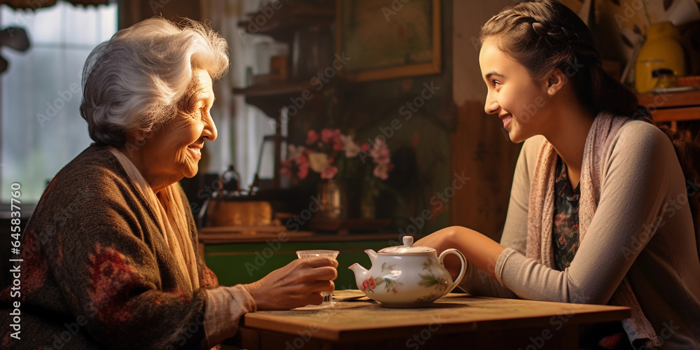 a teenager and an elderly woman, different ethnicities, enjoying a cup of tea together in a cozy indoor setting, filled with antique decor. Soft lighting