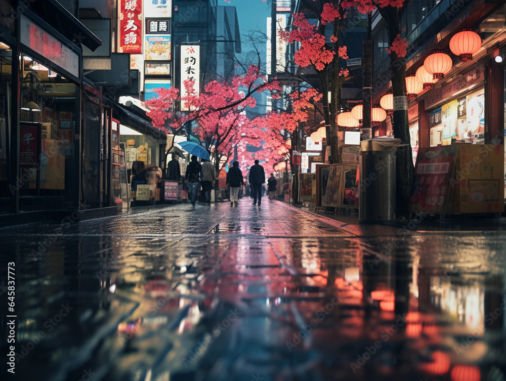 Tokyo streets during a light spring rain, cherry blossoms wet, pedestrians with clear umbrellas, neon signs reflecting in puddles