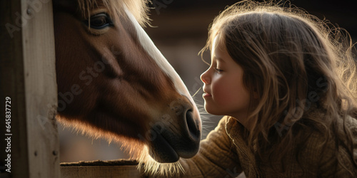 a friendship between a little girl and a horse, both touching noses lovingly. Barn setting, hay in the background