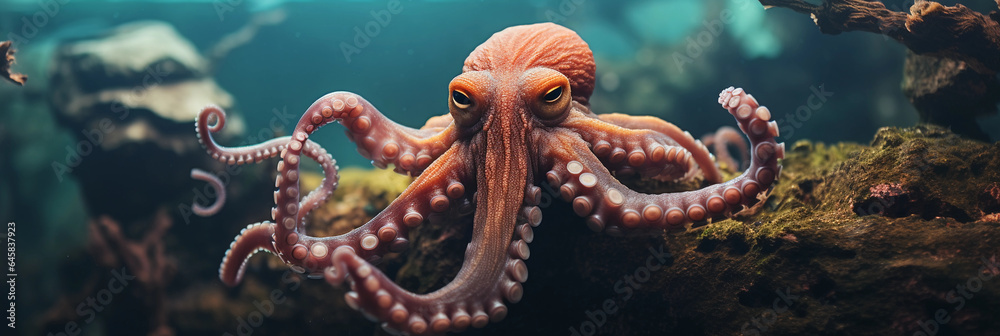 Obraz premium octopus den in an aquarium setting, octopus interacting with multiple toys. Close - up