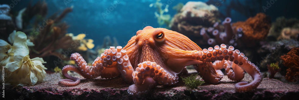 octopus den in an aquarium setting, octopus interacting with multiple toys. Close - up - obrazy, fototapety, plakaty 