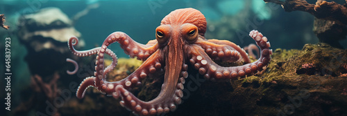 octopus den in an aquarium setting, octopus interacting with multiple toys. Close - up © Marco Attano