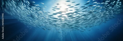Panel kuchenny z motywem a school of silver sardines swimming in a circular formation, dim, ethereal lighting, water particles visible