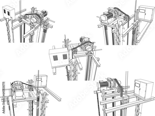 Vector sketch illustration of the system design of how a vintage old model elevator works