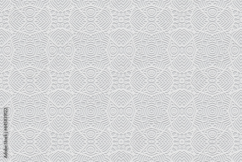 Embossed white background, cover design. Geometric ethnic 3D pattern, press paper, leather. Handmade elegant work, anti-stress. Boho, tribal minimalist designs of East, Asia, India, Mexico, Aztec, Per