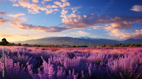 Lavender field wide panoramic view. Flower field scene view.