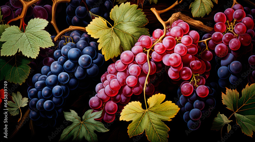 Beautiful grapes autumn harvest. Grapevine illustration. Realistic grapes picture. Painted