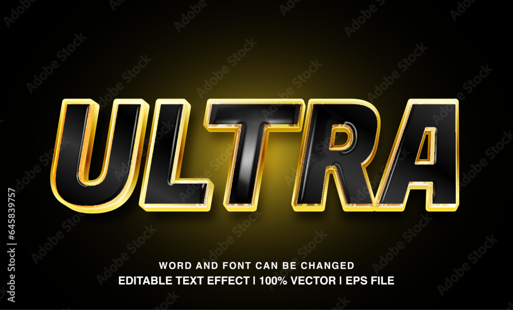 Ultra editable text effect template, 3d bold glossy golden black luxury typeface, premium vector 