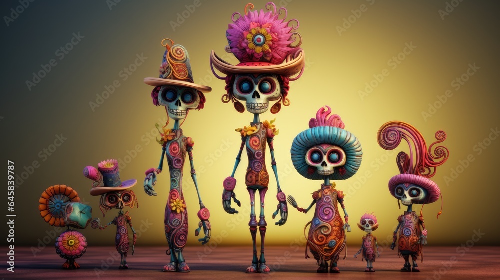 on Day of Deads, portrait of dressed skeletons this mexican traditional festive day