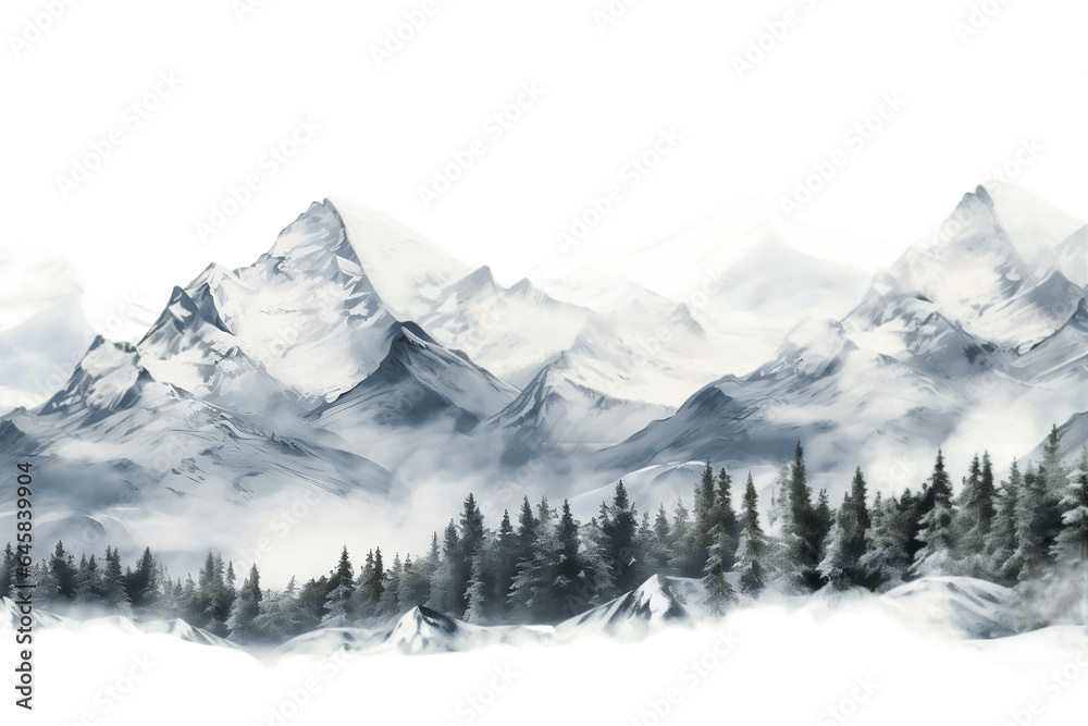 Snowy Forest with mountains behind Isolated on Transparent Background. Generative AI.