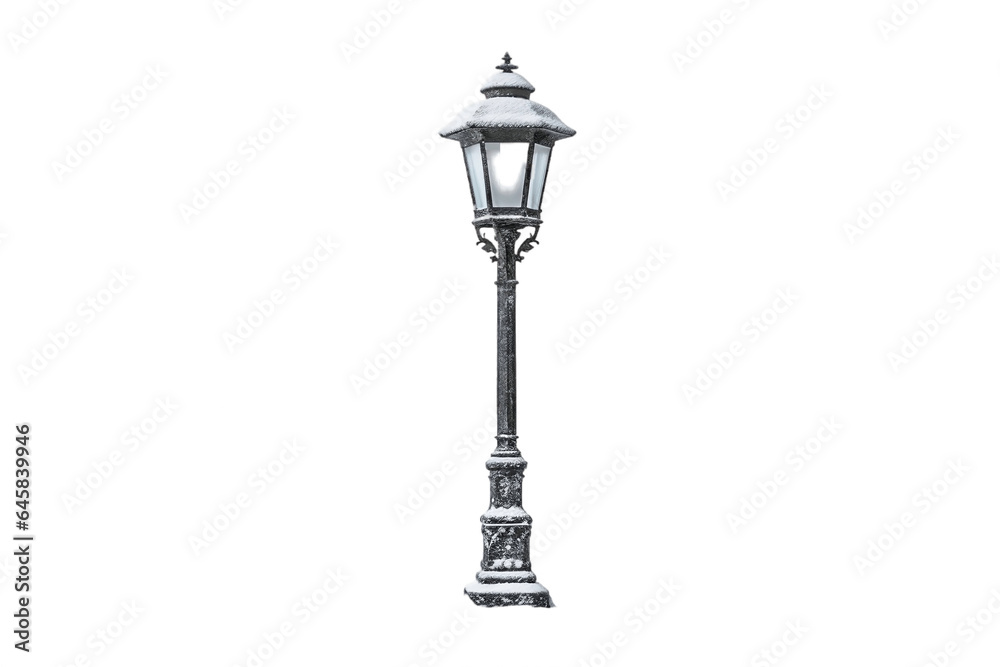 Snowy Street Lamp Isolated on Transparent Background. Generative AI.