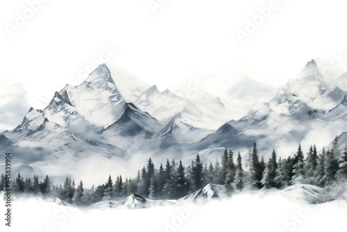 Snowy Forest with mountains behind Isolated on Transparent Background. Generative AI. © Artimas 