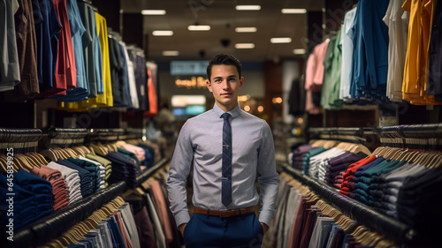 Male wearing a suit inside clothing store, concept of shopping for formal business clothes inside of a mall