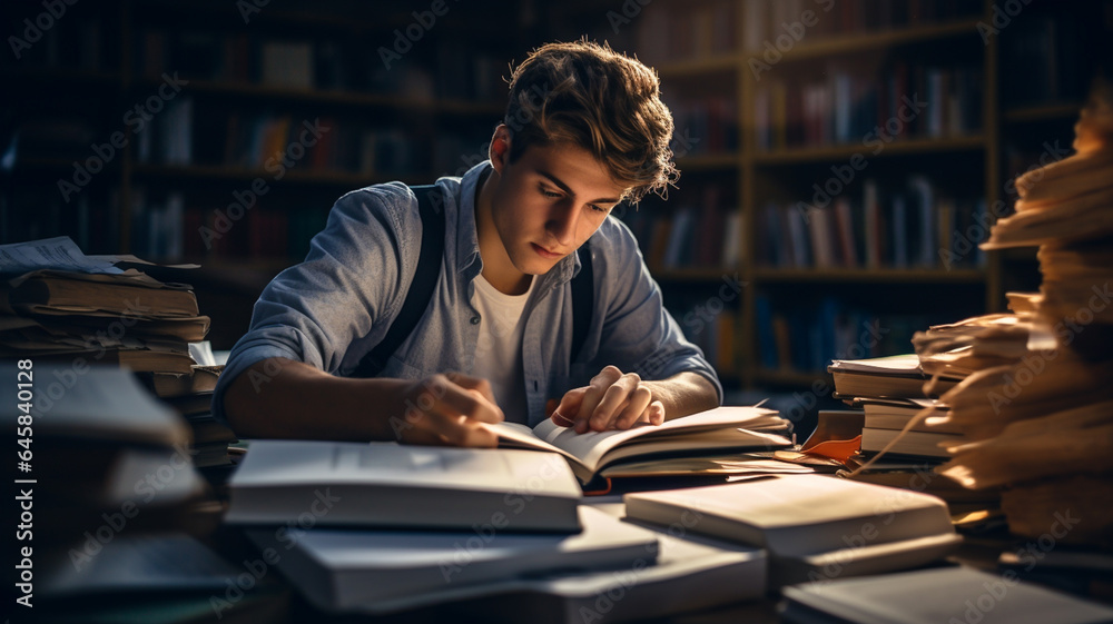 Student studying for school exams, concept of learning and gaining knowledge Student studying for school exams, concept of learning and gaining knowledge