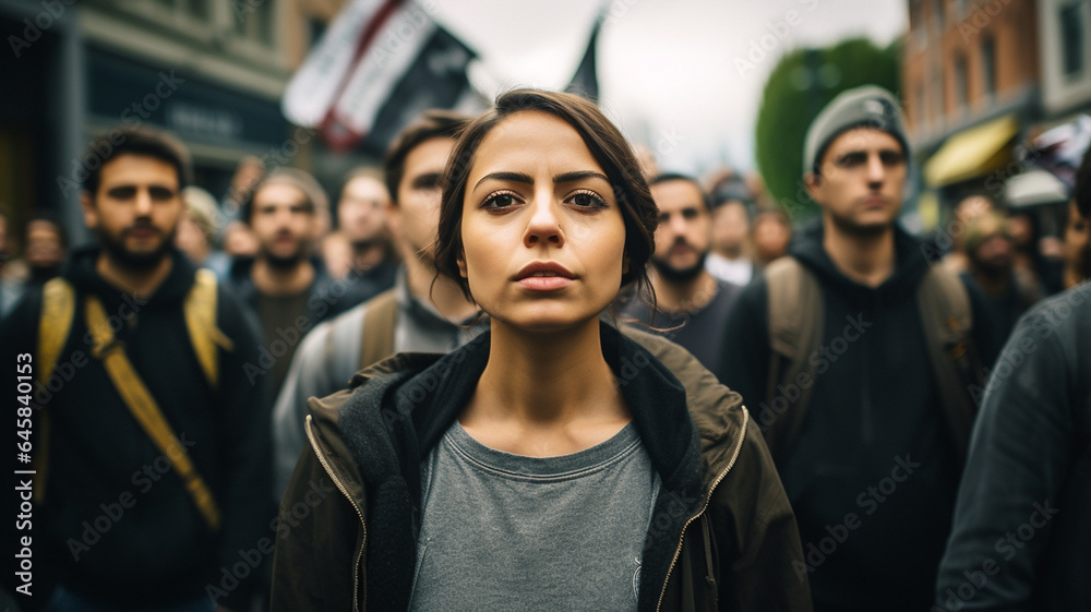 Group of protesters in the city streets protesting and standing up for social issue and social justice