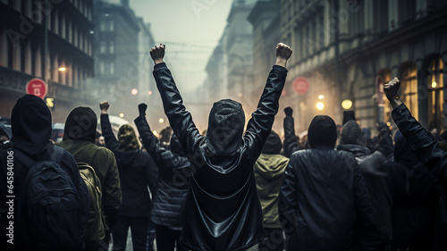 Group of protesters in the city streets protesting and standing up for social issue and social justice photo