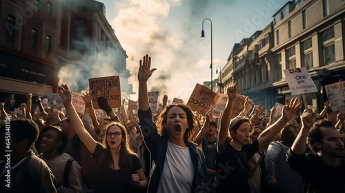Group of protesters in the city streets protesting and standing up for social issue and social justice © Artofinnovation