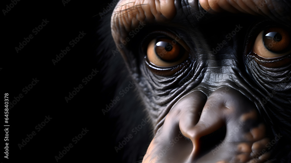 chimp head macro close-up, isolated on black background, copy space