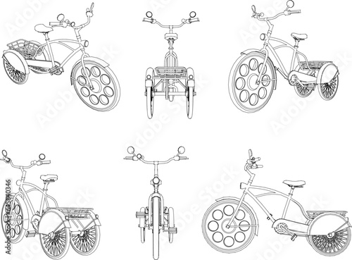Vector sketch illustration of vintage vintage tricycle beautiful bicycle design for photoshoot