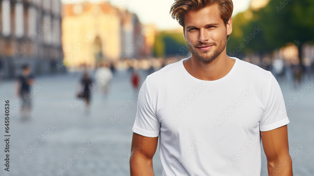 Attractive male wearing white blank t shirt or sweater, for mock up or product marketing and promotion Attractive male wearing white blank t shirt or sweater, for mock up or product marketing and promotion
