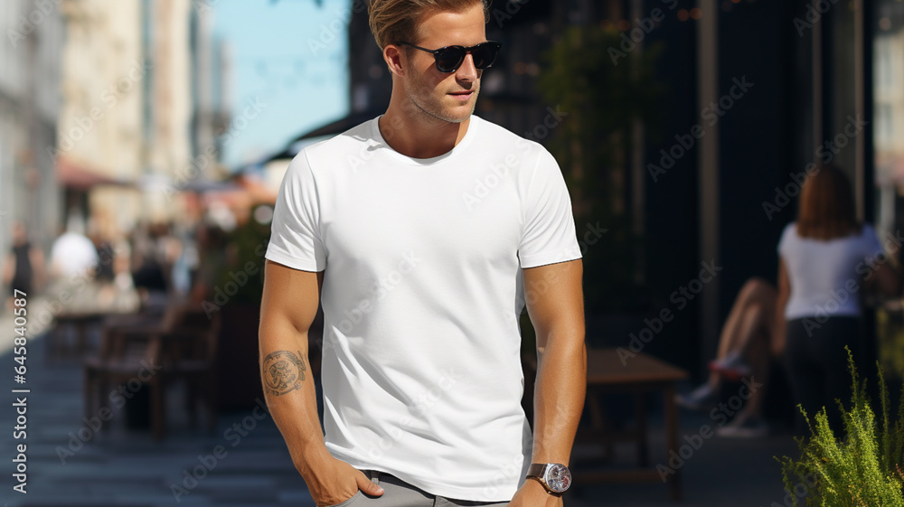 Attractive male wearing white blank t shirt or sweater, for mock up or product marketing and promotion Attractive male wearing white blank t shirt or sweater, for mock up or product marketing and promotion
