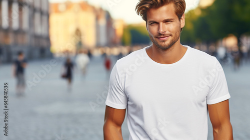 Attractive male wearing white blank t shirt or sweater, for mock up or product marketing and promotion © Artofinnovation