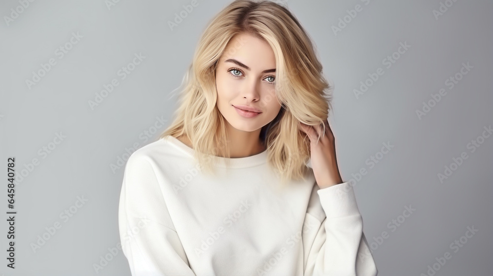 Attractive woman wearing white blank t-shirt or sweater on simple background, for mockup design or promotion Attractive woman wearing white blank t-shirt or sweater on simple background, for mockup design or promotion