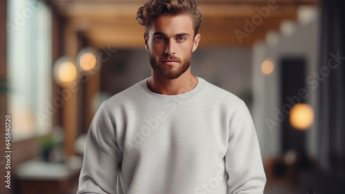 Attractive male wearing white blank t shirt or sweater, for mock up or product marketing and promotion