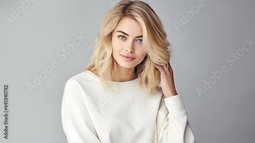 Attractive woman wearing white blank t-shirt or sweater on simple background, for mockup design or promotion