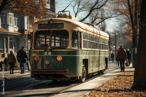 Passengers boarding a vintage trolleybus, showcasing the evolution of electric public transportation. Generative Ai.