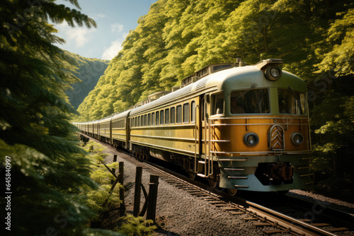 A mid-20th century passenger train speeding along tracks, representing the heyday of rail travel. Generative Ai.