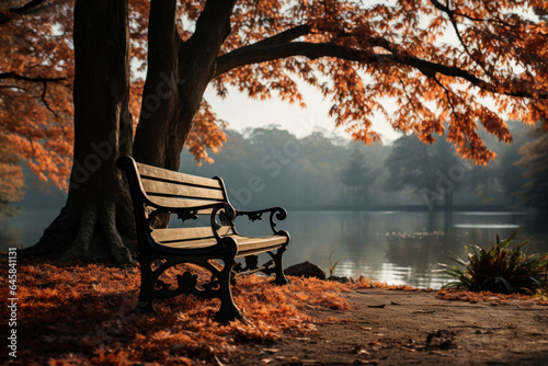 Stampa su tela A solitary bench in a park invites passersby to sit and enjoy the tranquil beauty of nature's autumn transformation