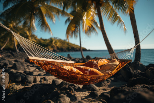 A hammock is hung between palm trees on a tropical island, providing the perfect spot to unwind and listen to the rustling leaves. Generative Ai. © Sebastian