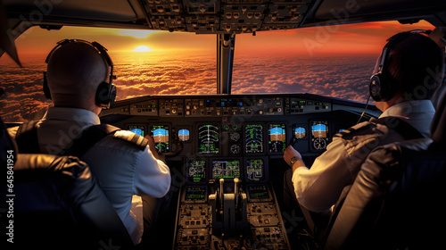 Two pilots flying a plane, aircraft, plane, flying, cockpit