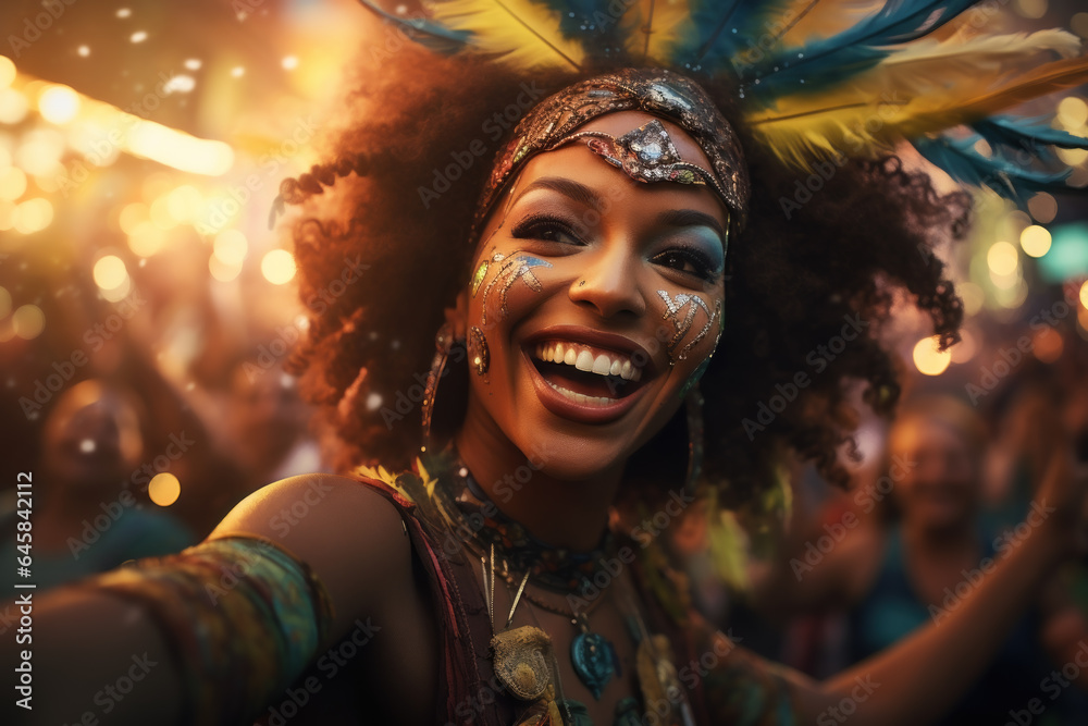 A person capturing the energy and excitement of a Brazilian samba parade during Carnival, symbolizing the liveliness of Brazilian culture. Generative Ai.