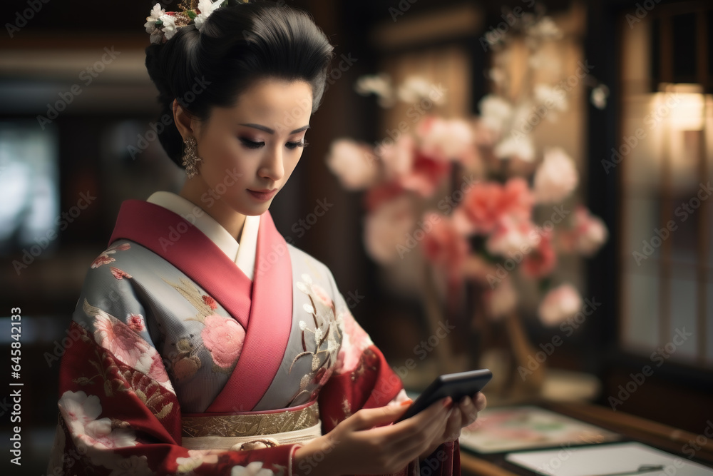 A person photographing the iconic geisha in traditional attire, embodying the grace and elegance of Japanese culture. Generative Ai.