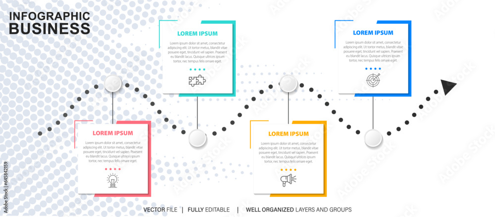 Obraz premium Thin line process business infographic with square template. Vector illustration. Process timeline with 4 options, steps or sections. 