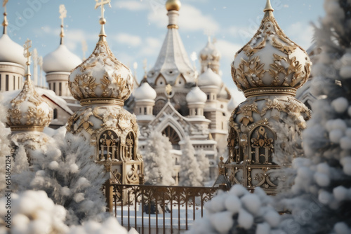 Lavish and ornate Russian Orthodox church domes against a backdrop of snow, representing the cultural and religious heritage of Russia. Generative Ai.