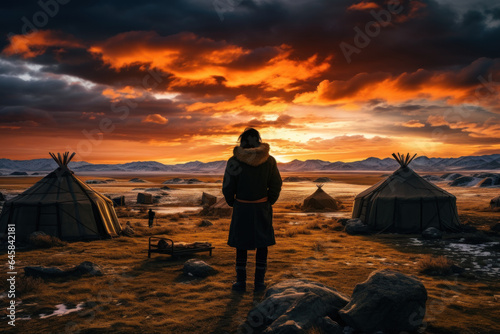 A person photographing the breathtaking landscapes and traditional yurts of Mongolia, highlighting the nomadic lifestyle and natural beauty. Generative Ai.