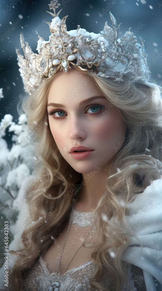 Goddess of snow and winter. Beautiful blond woman with ice crystals and snow.