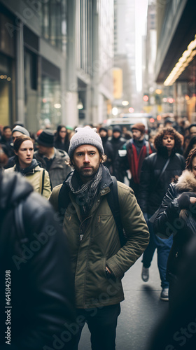crowd of people walking on a street in a huge city one man looking at the camera