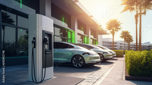 EV charging station for electric car in concept of green energy produced from sustainable source to supply to charger station in order to reduce CO2 emission. generativa IA