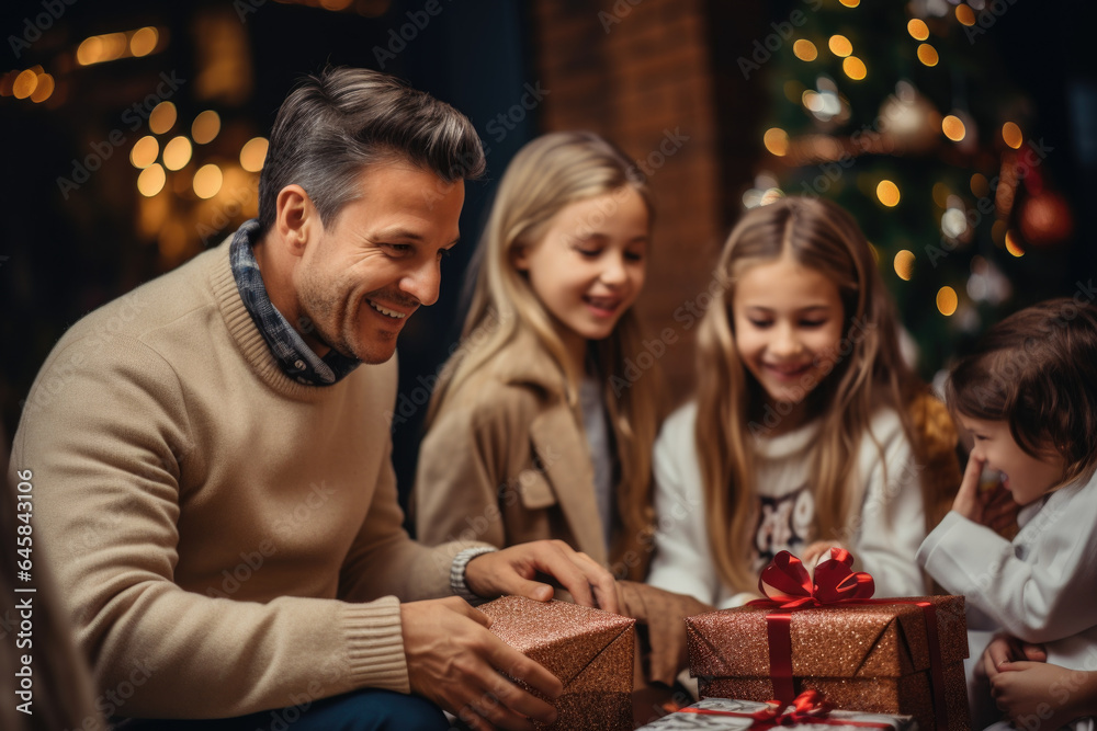Family's joyful reactions as they open surprise gifts during the holidays. Generative Ai.