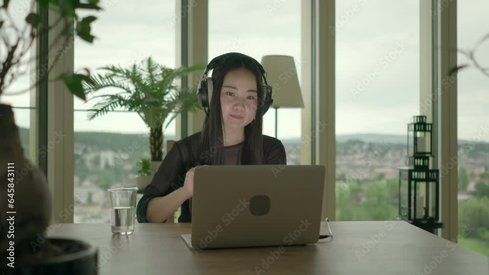 Happy Female Person Watching Music Video With Headphones Happy Female Person Watching Music Video With Headphones