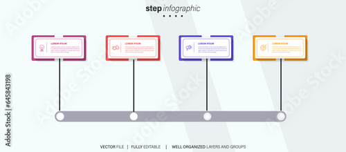 infographic template 4 step business planning to success multi colored rectagles with icon. template background design for marketing, finance, product.
