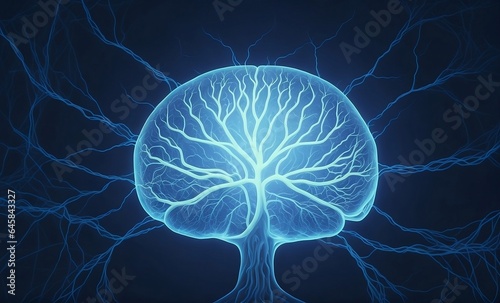 Human Brain autonomy with glowing neurons Esoteric and meditation concept. 3D rendering illustration neuron close-up of Brains created with generative ai