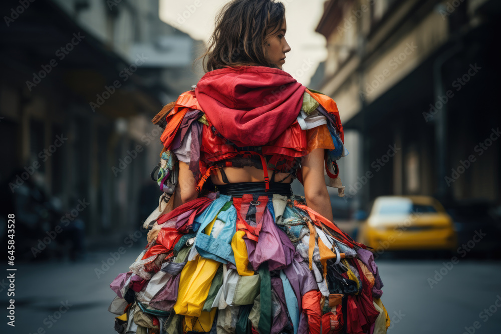 Person upcycling and repurposing old clothing items, contributing to sustainable fashion. Generative Ai.