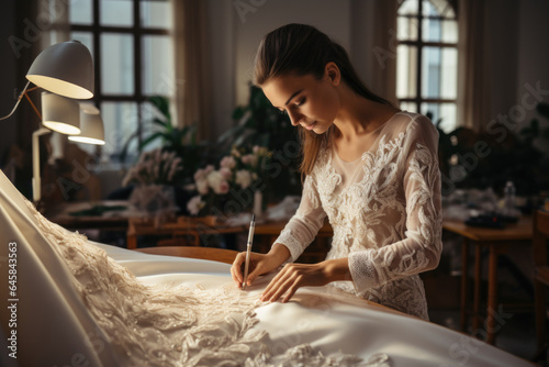 Person tailoring a custom wedding dress, emphasizing personalized bridal fashion. Generative Ai.