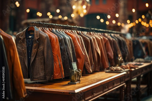 Vintage fashion market with racks of classic clothing items from different eras. Generative Ai.
