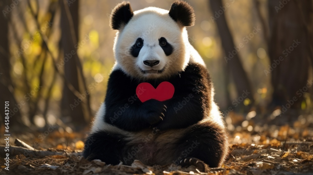 The giant panda is the rarest member of the bear and most threatened animals in world. Save pandas. Cute giant panda shows heart shaped symbol
